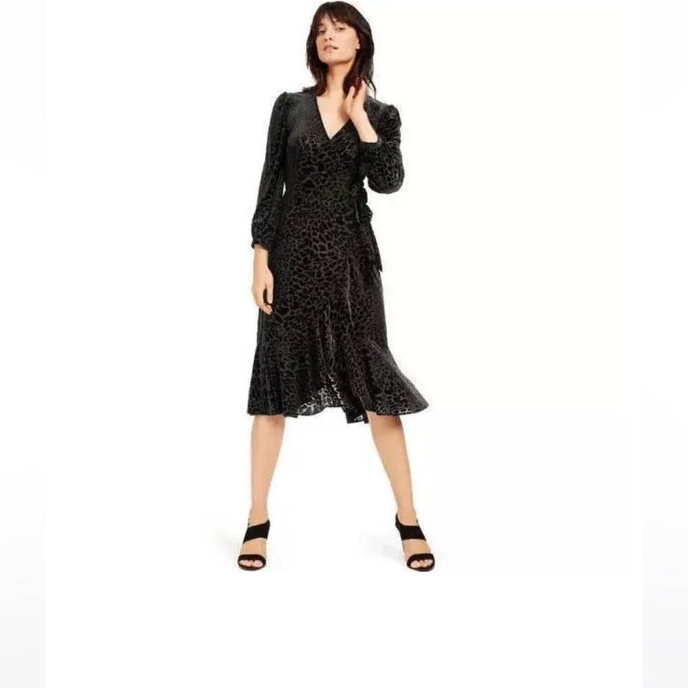 CALVIN KLEIN Leopard Burnout Velvet Faux Wrap Midi Dress Black Size 2